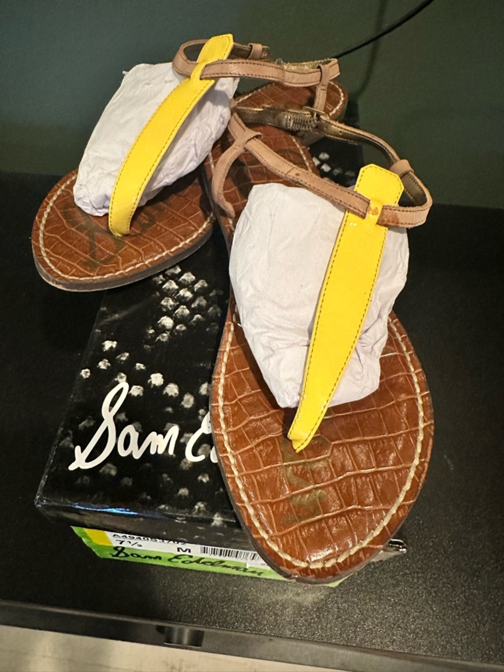 Sam Edelman Gigi T-Strap Sandals in yellow with brown croc-embossed footbed